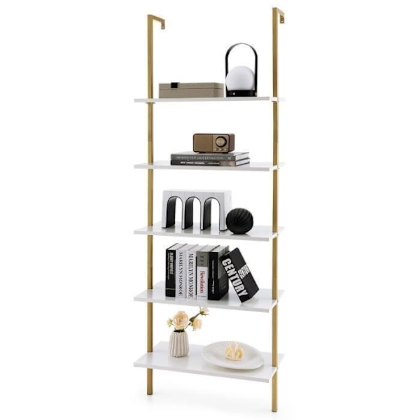 COSTWAY Væghylde med 5 niveauer 60 x 30 x 180 CM, Stige Bibliotek med Skridsikre Fødder og Struktur i Guld Stål
