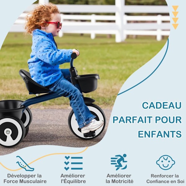 COSTWAY Tricycle til Barn med Pedal, Justerbart Sæde, Opbevaringskurve, Robust Kulstofstål, 4 EVA Hjul, 1,5 til 5 År, Blå