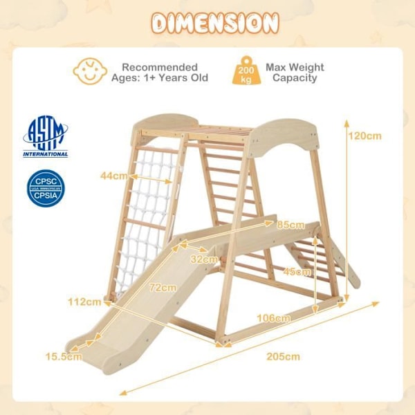 Escaladetrio - COSTWAY - 6-in-1 Puusta, jossa liukumäki ja verkko / kiipeily-, ryömimis- ja liukumistarvikkeet, 1 vuotta+ Luonnollinen Naturlig