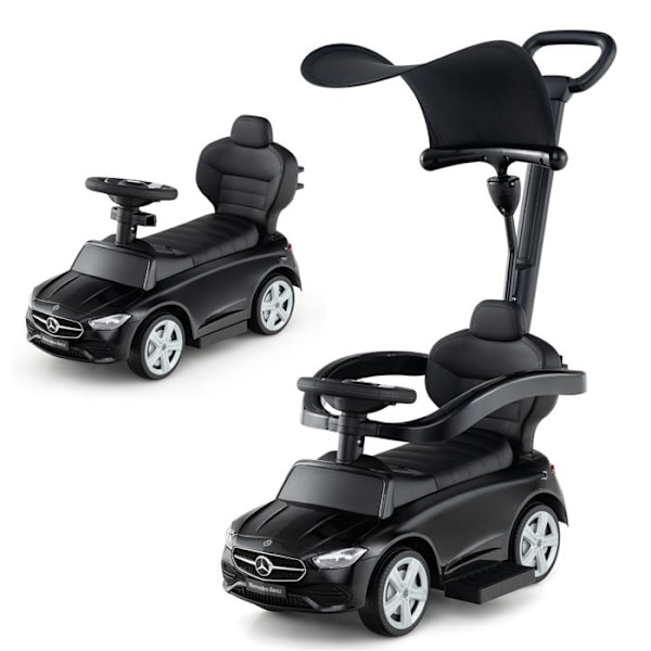 COSTWAY Mercedes Benz 3 i 1 Barnvagn för Barn med Justerbart Soltak, Styrrör, Horn, för 18-36 Månader, Maxvikt 25kg, Svart