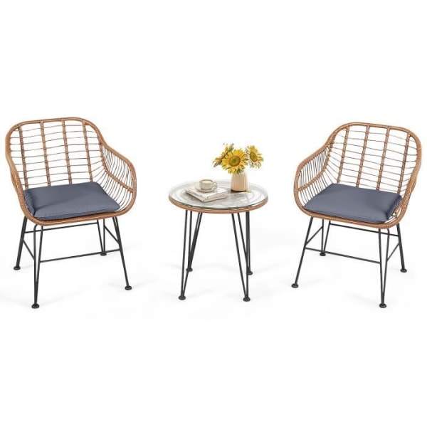 COSTWAY Rottinkiset puutarhakalusteet 2 nojatuolia + 1 sohvapöytä (lasitaso), irrotettavat tyynyt, bali-tyylinen luonnollinen väri
