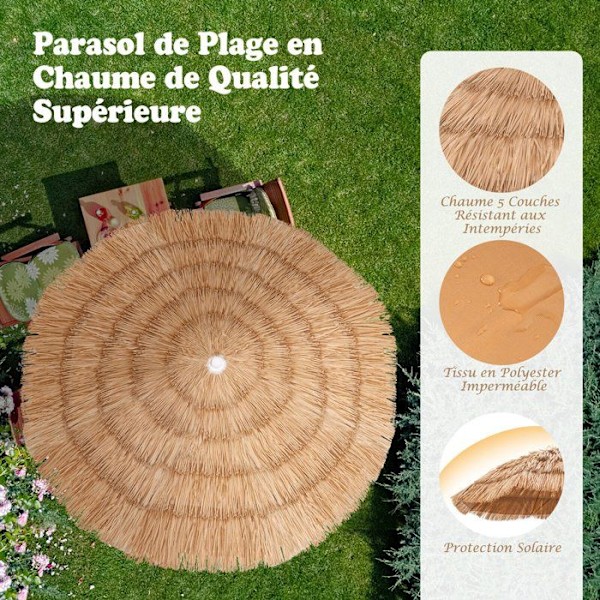 COSTWAY Hawaii Beach Parasoll i Thatch Ø175 x H 194 cm 5 Lager 8 Ribbar Lutbar Justerbar Höjd Vattentät Polyester Naturlig