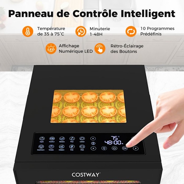 COSTWAY Fødevare Dehydrator - Tørreapparat med 10 Hylder i Rustfrit Stål - 10 Forudindstillede Programmer - 48 Timer Timer - Temperatur 30-75℃