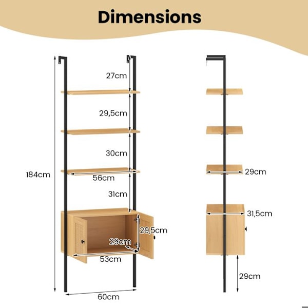 COSTWAY Væghylde Skala 184 cm med 5 Niveauer, Rattan Skab, Metalramme, Åben Reol til Stue Kontor, Naturlig