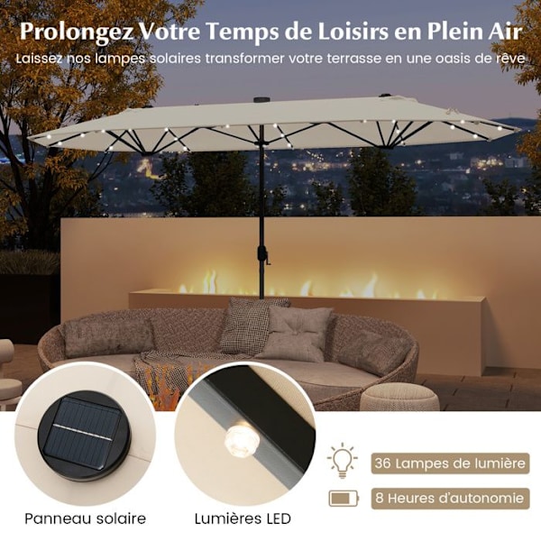 Parasol Double af Haven XXL 400 x 200 x 240 cm - COSTWAY - 36 LED Lys - Base Inkluderet - 12 Stænger - Rektangulær Beige