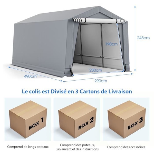 COSTWAY Carport förvaringstält 2,9 x 4,9 x 2,45 m galvaniserat stål dragkedja Vattentät design för SUV, båt