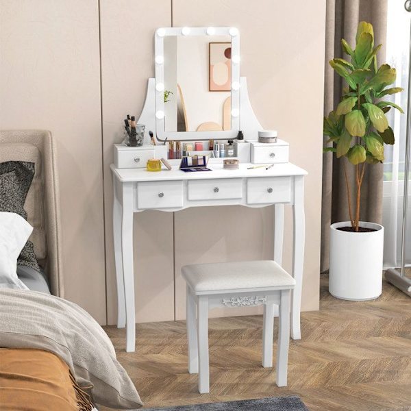 COSTWAY 2 i 1 sminkbord och pallset, justerbar ljusstyrka, spegel, 3 färger, 5 lådor, avtagbar topp Vit