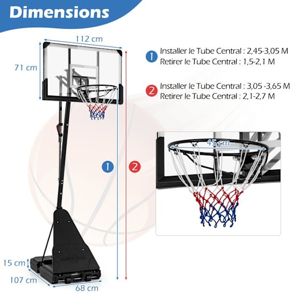 COSTWAY Fritstående Basketball Bøjle - Justerbar højde 150-305 CM - Ubrydelig bagplade - Rebound Plate - Stativ med hjul