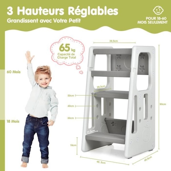 COSTWAY Toddler Learning Tower 3 säädettävää korkeutta ja liukumaton jalkatuki HDPE Double turvakaiteet harmaa Grå Vit