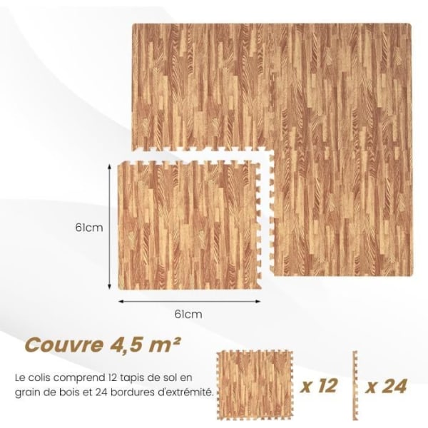 COSTWAY 12 Stk Gulvmåtter - 4,5 M2 EVA skumtrækornsmønstre til træningssport?Fitnesspuslemåtte 61 x 61 CM Naturlig