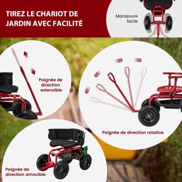 COSTWAY Trolley drejelig havestol på mobile hjul med forskellig opbevaring, justerbar højde 60-69 CM, belastning 135 KG Röd+svart