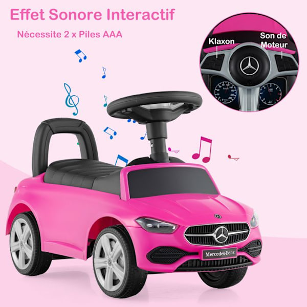 COSTWAY Mercedes-Benz børnebærer med rat, horn, motorlyd, opbevaring under sædet, i 12 til 36 måneder, Pink