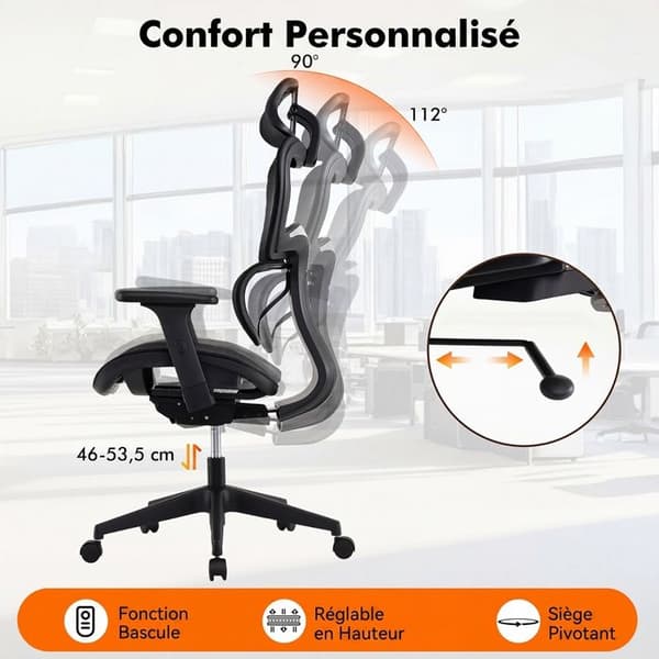 Ergonomisk Kontorstol COSTWAY, Åndbart Mesh, Lændestøtte, Højdejustering, Støjsvage Hjul Sort