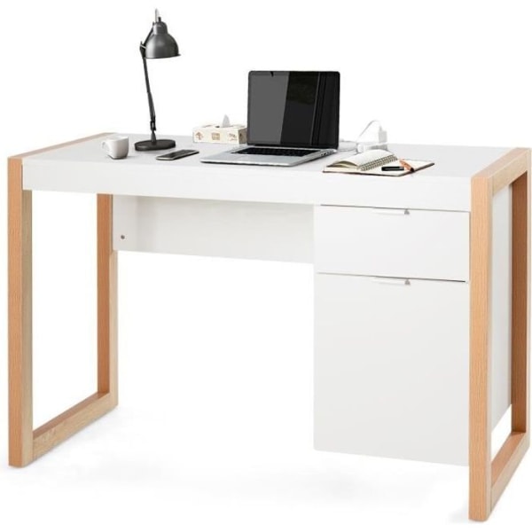 COSTWAY Computer Skrivebord Modern Style 112,5 x 50 x 75 CM 2 Skuffer, Studiebord til hjemmekontor Soveværelse Lavet af MDF Vit