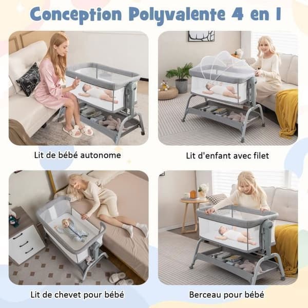 COSTWAY Bærebrus Cododo Baby Portable 4 i 1 Madras, Net, Opbevaringskurv, 2 Elastiske Remme Højdejusterbar 0-6 Måneder Grå Grå