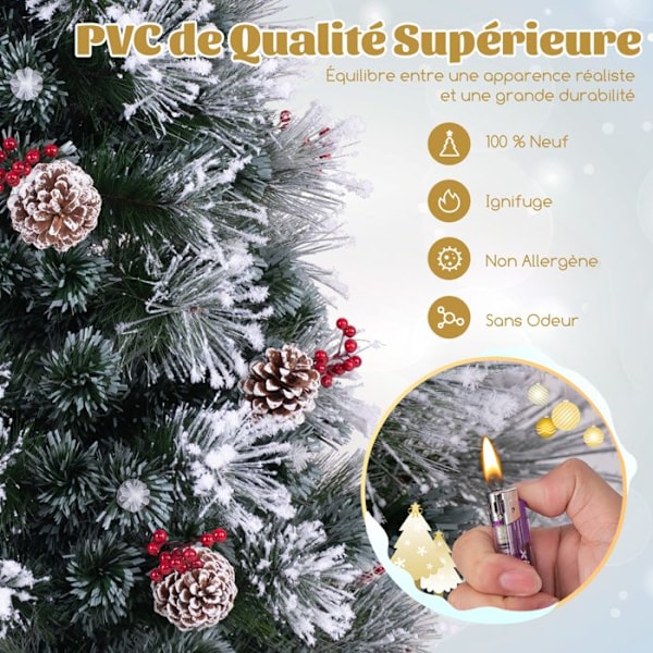 COSTWAY 150 cm flocket kunstigt juletræ - 49 LED-lys, 8 dynamiske lystilstande - Optiske fibre - Røde bær, Pi-kegler Grön