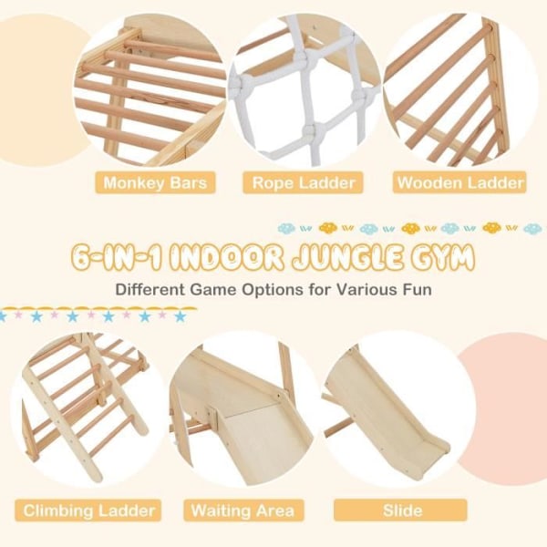 Escaladetrio - COSTWAY - 6-in-1 Puusta, jossa liukumäki ja verkko / kiipeily-, ryömimis- ja liukumistarvikkeet, 1 vuotta+ Luonnollinen Naturlig