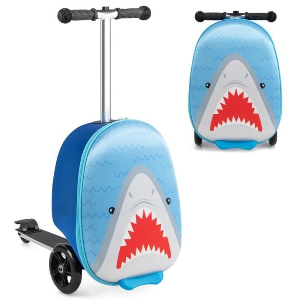 COSTWAY 2 i 1 barnskoter med 3 LED-hjul, 19” hopfällbar barnväska, säkerhetsbromsar, 26 L, 5 år+, Shark