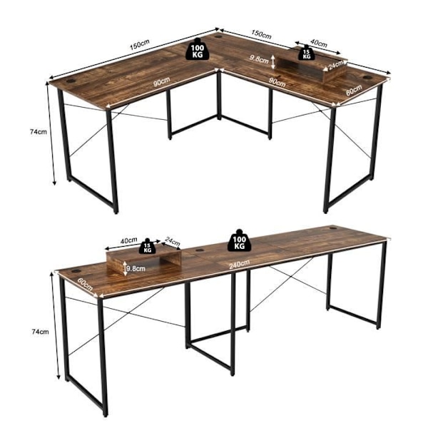 COSTWAY Hörnskrivbord - 150 x 150 x 74 CM - Justerbart till rakt skrivbord, stort bord för 2 personer Rustikbrun rustikt brunt