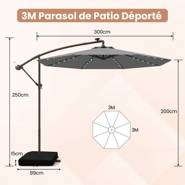 Parasol Déporté 40 LEDs 3M - COSTWAY - Bas Croisé Sac de Sable - Tissu Polyester UV 20+ Grå - Solpanel 6 Timmar Grå