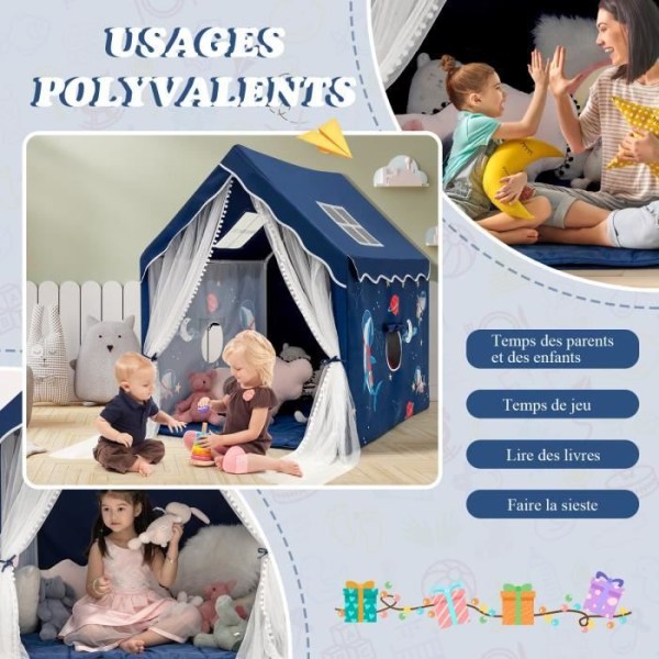 COSTWAY tält för 3 barn, lekstuga inomhus/utomhus, med tvättbar mjuk vadderad matta 121 x 105 x 137 cm Blå