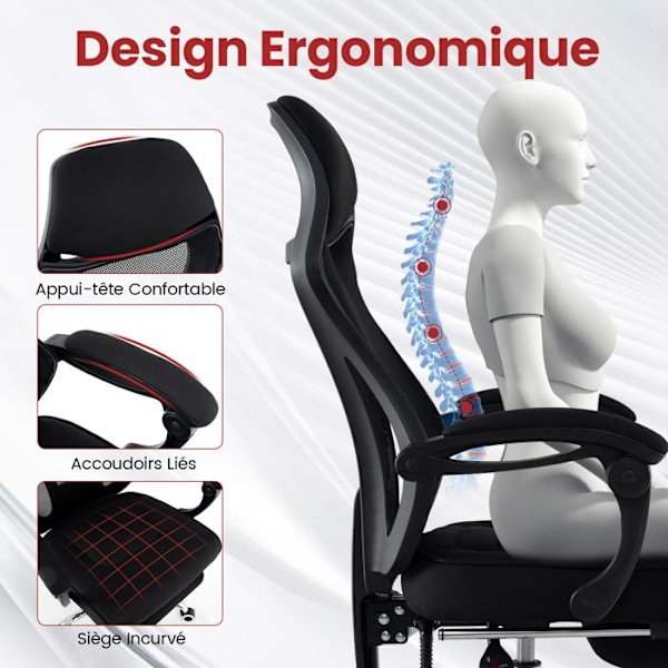 COSTWAY Ergonomisk mesh-kontorstol med fodstøtte, justerbart ryglæn, nakkestøtte, armlæn Højsæde 44,5-51,5 cm