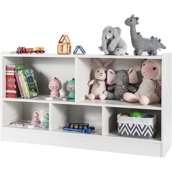 COSTWAY børne reol 111x30x61,5 CM med 5 rum og skridsikre puder, til legetøj, bøger, dukker, hvid Vit