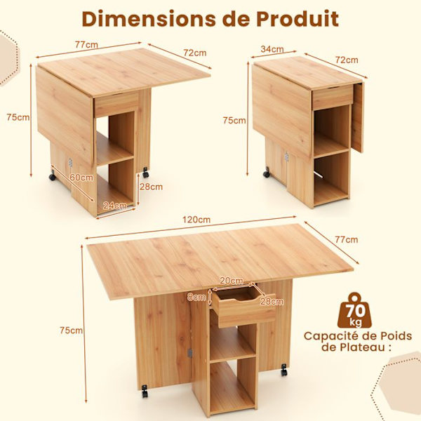 COSTWAY sammenklappeligt sidebord med 2 hjul, drop-leaf konsol, opbevaringsstativ, 2-lags skuffer, 120x72x75CM Natural Naturvit