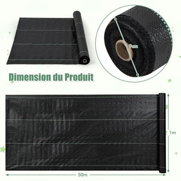 COSTWAY Mulch Cloth 50M x 1M-Ukrudtsbekæmpelse-Anti-UV-stof 60g-m2-med klar og lige ledelinje-sort Svart