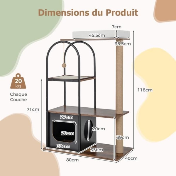 COSTWAY Cat Tree 118 CM 4 tasoa - metallirunko, asunto, raapimistolpat, riippuvat pommit, yläahven - musta