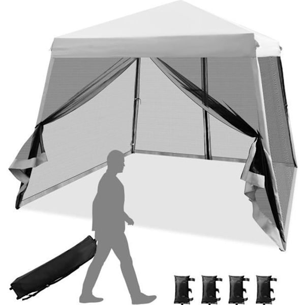 COSTWAY Instant Folding Barnum Gazebo 3x3 m - Mesh-sidevægge - Skråben - Taske med hjul - Højdejusterbar - Grå Vit