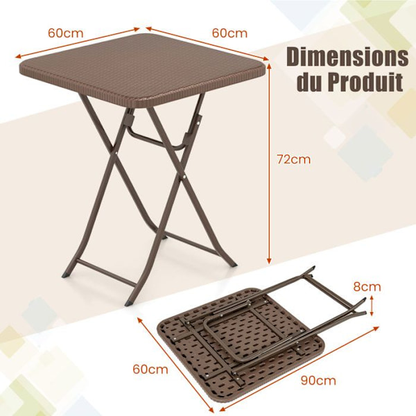 COSTWAY Sammenfoldeligt Havebord 60 cm, Plade i Tekstil Rattan i PEHD, Metalplade, Transportgreb Kaffe