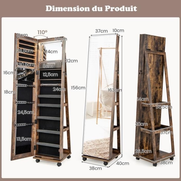 COSTWAY 3 i 1 smyckesskåp på hjul - Ramlös Psyche Mirror, LED-lampor, justerbara hyllor - Låsbart - Kaffe