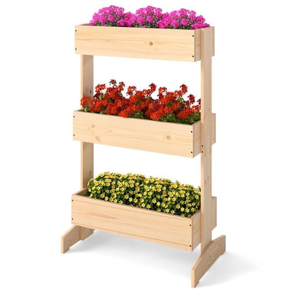 COSTWAY Vertikal Upphöjd Planter i Furu med 3 Nivåer, 3 Blomlådor, för Inomhus Utomhus, Blomkrukestöd