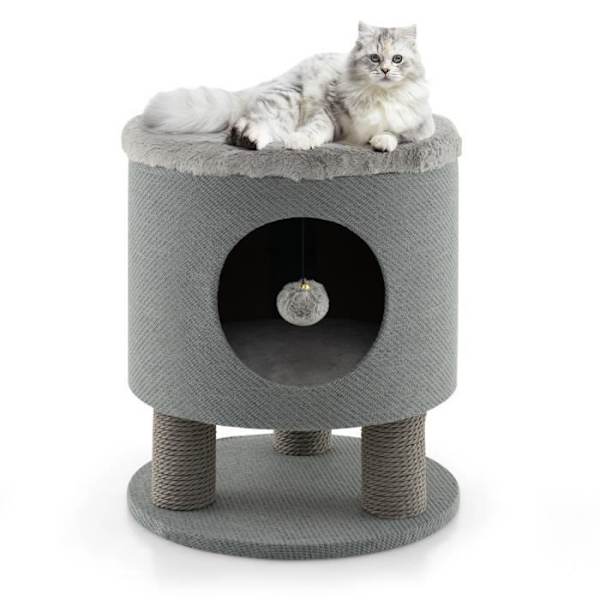 COSTWAY Cat Tree 47 CM, asunto ja raaputustolpat, kuorma 60 kg, leikkitorni kissoille pehmopallolla, harmaa