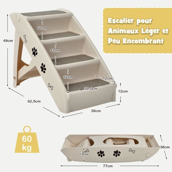 COSTWAY Vikbar hund-/katttrappa 4 plaststeg Last 60 kg 62,5x38x49 CM Mjuk filt och halkskydd Beige