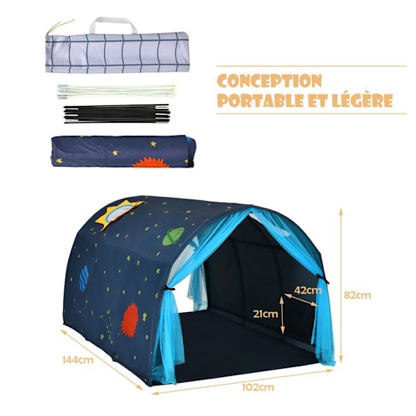 Børnetelt COSTWAY - Aktivt tunneltelt - Vindue - Dobbelt net gardin - Opbevaringslomme - Transporttaske - 144x102x82 CM - Blå Blå
