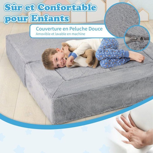 COSTWAY modulsofa til børn 3 dele cabriolet skum, foldbar sovesofa til soveværelse, stue, 100 x 52 x 42 cm, Grå