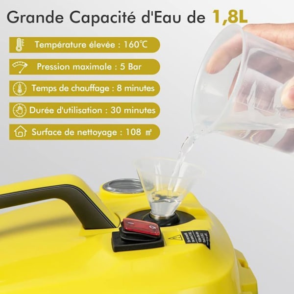COSTWAY Steam Cleaner Mångsidig ångmopp 2000W 1,8L tank med 15 tillbehör 5,0 BAR Universal Golvhjul Gul