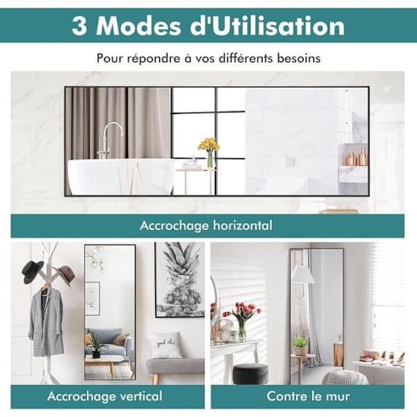 COSWAY Psyche spejl, HD eksplosionssikkert glasspejl 150 x 4 x 56 CM, sort aluminiumsramme