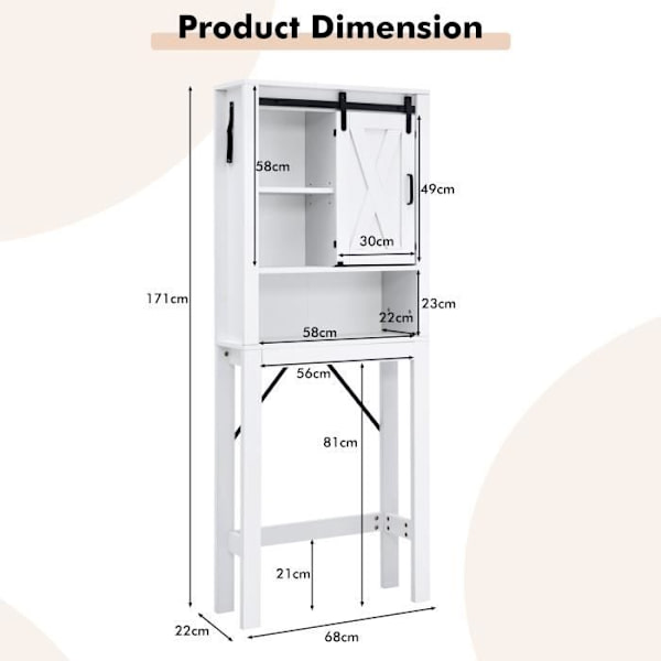 COSTWAY puinen WC-istuin, 3 hyllyä liukuovella kylpyhuoneeseen, 68 x 22 x 171 cm Vit
