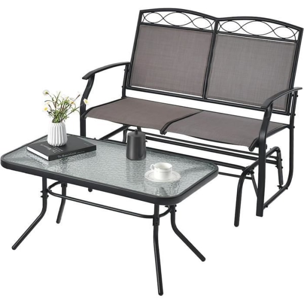 COSTWAY 2-personers trädgårdsmöbler i metall och textilen, 1 gungsoffa, soffbord i brunt härdat glas