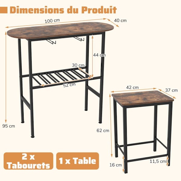 COSTWAY Ensemble 3 Delar - Ovalt Matbord och 2 Barstolar - Flaskhållare, Vinhållare för Kök, Bistro Brun