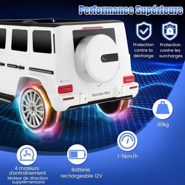 COSTWAY Mercedes-Benz G500 - Elbil 12V/7 Ah - 4 Motor, 3-7 km/h, 2,4G Fjärrkontroll, LED, MP3, USB, 3+ år, Vit Vit