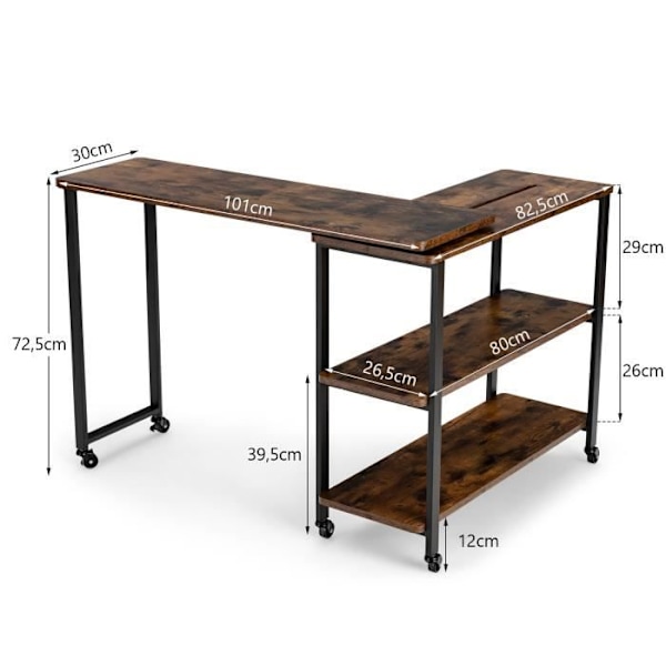 COSTWAY 360° vridbart sidobord, utdragbart skrivbord med 2 förvaringshyllor, robust metallram, 101 x 30 x 72,5 cm kastanj