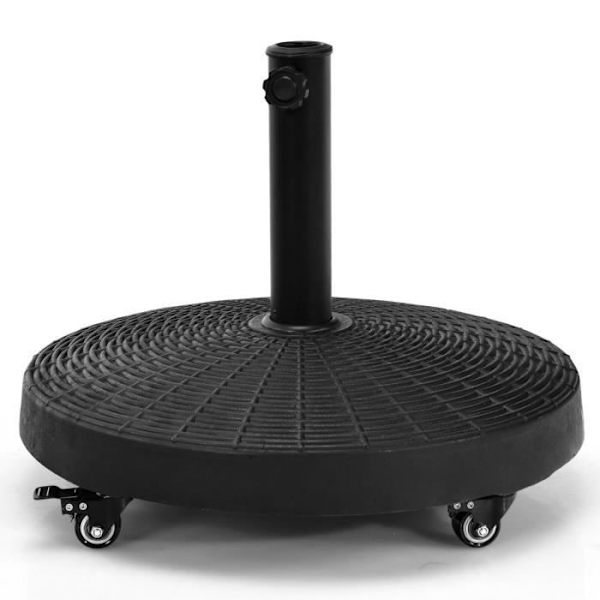 COSTWAY Parasolstand med Rullende Hjul Dia.52 CM i Resin med Knap, Justerbart Hul, Vejrbestandig Rattanlignende, Sort