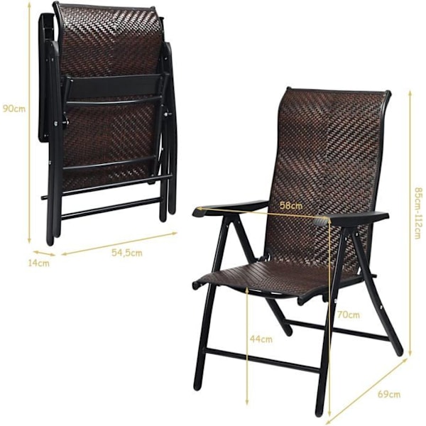 COSTWAY Havestole i Rattan, 2 Stk med Justerbar Ryglæn til Udendørs og Indendørs, 71x58x111cm, Brun