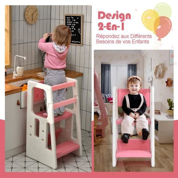 COSTWAY Toddler Learning Tower 3 justerbare højder og anti-slip fodstøtte HDPE dobbelte sikkerhedsskinner Pink Rosa