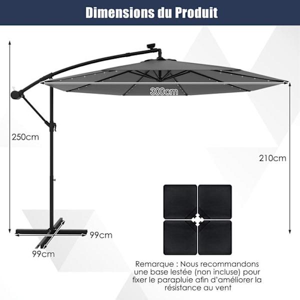 Parasol Déporté 300 x 250 cm-COSTWAY-med 40 LED - Korskors - Lutningsjustering - Veva - 360° Rotation - Grå