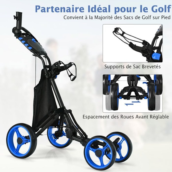 Golfvogn 4 Hjul Sammenfoldelig til Skubbe eller Trække COSTWAY-Vandtæt Taske-Fodbrems-Paraplyholder, Håndtag-Blå